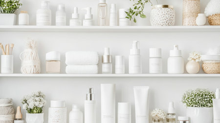 A collection of pregnancy-safe skincare products arranged neatly on a white shelf, symbolizing self-care and wellness during pregnancy. Minimalist and clean.の素材