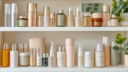 A collection of pregnancy-safe skincare products arranged neatly on a white shelf, symbolizing self-care and wellness during pregnancy. Minimalist and clean.の素材