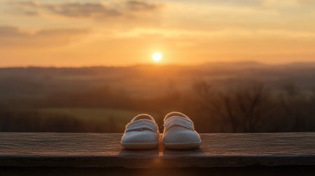 A calm sunset background framed by a small pair of baby shoes resting on a wooden ledge.の素材