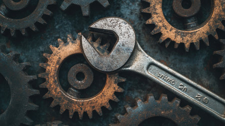A metallic wrench resting on a cogwheel assembly, creating a balanced composition with industrial tones.の素材