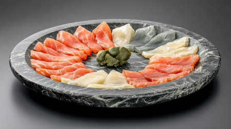 A beautifully arranged platter of assorted sashimi, including thinly sliced tuna, salmon, and yellowtail, served with wasabi and pickled ginger on a dark stone plate.の素材