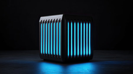 A futuristic, high-tech data processing center with glowing blue server racks, creating a sleek industrial aesthetic with digital precision.の素材