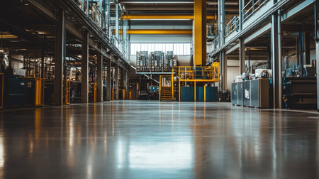A clean and modern industrial factory background with polished concrete floors, metal staircases, and overhead pipes.の素材