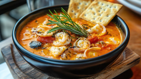 A bowl of creamy seafood soup with a variety of fish and shellfish, garnished with a sprig of rosemary and served with a side of crackers.の素材