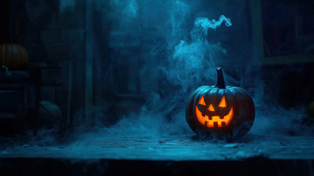A single glowing jack-o'-lantern on a dark wooden surface, soft mist swirling around, moody Halloween ambiance.の素材