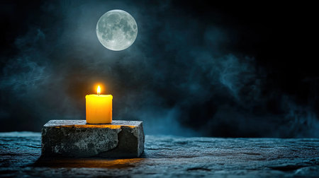 A lone candle flickering on a cracked tombstone, full moon shining above, spooky Halloween vibes.の素材