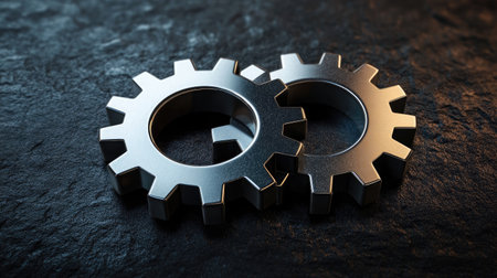 A modern, laser-cut metal gear design with sharp edges and polished surfaces, displayed on a dark background.の素材