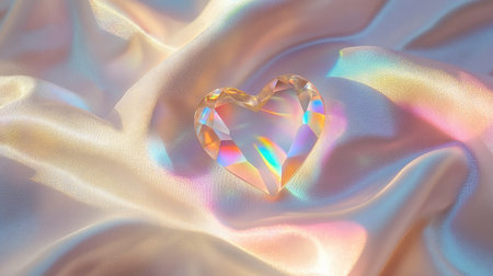 A delicate heart-shaped crystal on a soft fabric surface, with light catching the facets and creating a rainbow of colors.の素材