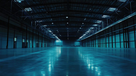 A vast industrial factory hall with metal beams, concrete flooring, and dim lighting, evoking a raw production environment.の素材