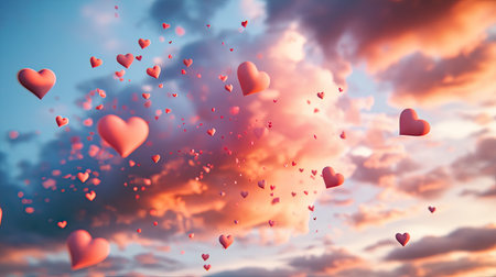 A dreamy cloud of soft, pastel-colored hearts floating gently in the air, evoking a sense of lightness and love.の素材