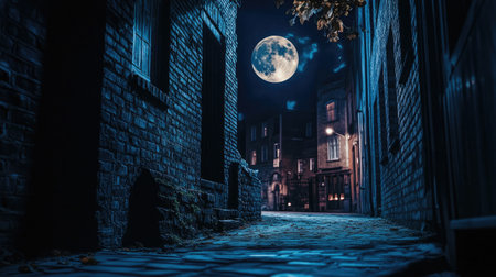 Spooky dark alley lit by a glowing full moon, eerie shadows cast on old brick walls.の素材