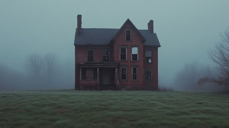 Dark abandoned mansion covered in eerie Halloween fog, broken windows barely visible through the mist.の素材