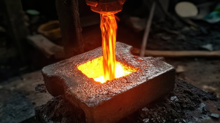 A heavy-duty steel processing plant featuring molten metal pouring into molds, creating an intense industrial atmosphere.の素材