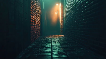 Foggy alleyway with an eerie glow, spooky Halloween night atmosphere with brick walls disappearing into mist.の素材