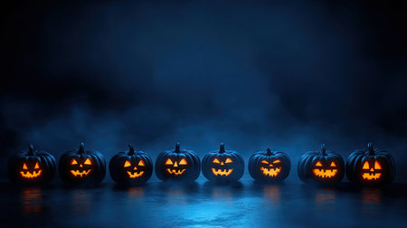 Dark background with glowing jack-o'-lanterns arranged in a row, creating an eerie, mysterious Halloween aesthetic.の素材