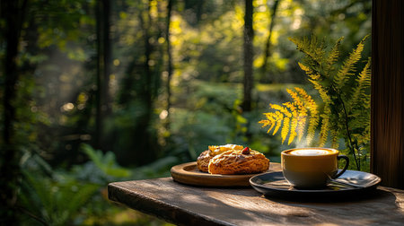 A small nature caf table with a cup of tea, fresh baked goods, and greenery in the background, enhancing the tranquil atmosphere.の素材