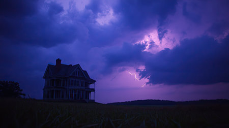Sinister dark sky with lightning striking in the distance, an eerie haunted house silhouette, perfect Halloween background.の素材