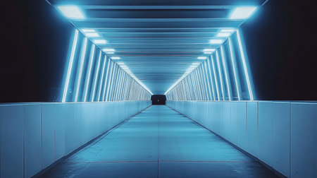 A symmetrical shot of a futuristic industrial corridor with glowing LED strips, metallic textures, and a tunnel-like perspective.の素材