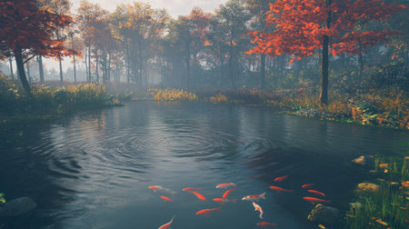A peaceful koi pond surrounded by Japanese maple trees, their red leaves reflecting on the clear water, gentle ripples forming as fish swim below.の素材