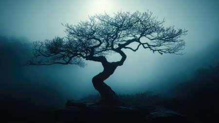 Creepy silhouette of a twisted tree in thick Halloween fog, eerie full moon casting dim light.の素材