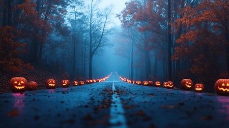 Haunted autumn road lined with glowing jack-o'-lanterns, fog rolling through the trees in the distance.の素材