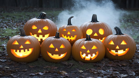 Halloween night scene with a group of glowing jack-o'-lanterns casting light on the foggy ground.の素材