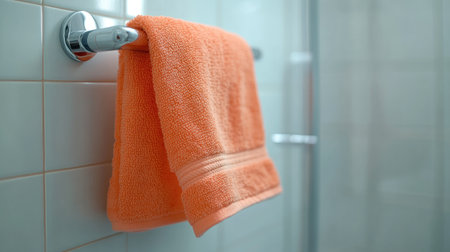 A bright, fresh towel hanging neatly on a towel rack in a clean, modern bathroom, offering surrounding space for product placement or creative design.の素材