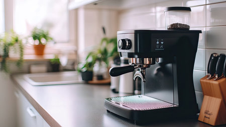 A close-up of a modern coffee machine on a kitchen countertop with ample space around it for branding, text, or creative use.の素材