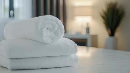 A fluffy, freshly laundered towel folded on a clean surface, surrounded by soft lighting and open space for product branding or creative use.の素材