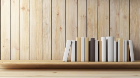 A contemporary bookshelf with empty spaces between books, and surrounding space available for text, product placement, or creative elements.の素材