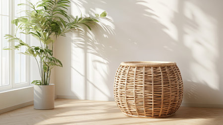 A large, stylish laundry basket made from woven materials, placed in the corner of a room with clear space around it for text or product display.の素材