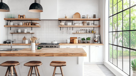 A bright kitchen with open shelves, clean countertops, and ample space for text, promotional material, or creative design elements.の素材