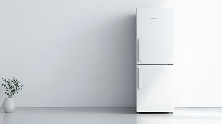 A minimalist refrigerator with a clear door and clean interior, surrounded by empty space for promotional use or design elements.の素材