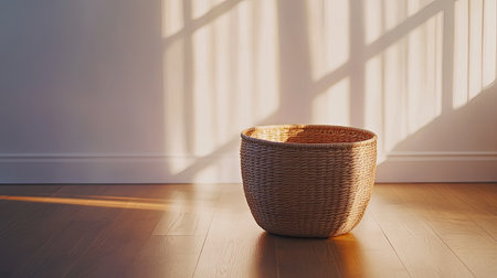 A clean, woven laundry basket sitting on a smooth wooden floor with a soft light source, leaving plenty of space around it for design or text placement.の素材