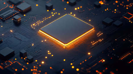 A close-up of a microchip with glowing pins, surrounded by space for creative design or promotional text on a dark background.の素材