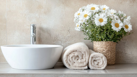A cozy rolled towel in soft, pastel color placed beside a bathroom sink, with clean space surrounding it for text or promotional elements.の素材
