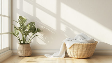 A minimalist laundry basket on a smooth floor with ample surrounding space, ideal for showcasing products or creative content in a simple setting.の素材
