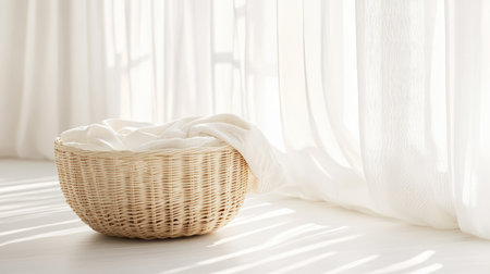 A modern, fabric laundry basket sitting in a clean, spacious laundry room, with a neutral background and clear space for product displays or branding.の素材