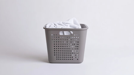 A modern, gray laundry basket on a simple white background with ample surrounding space to feature your design, logo, or product details.の素材