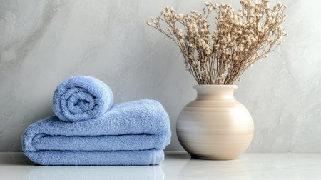 A light blue towel folded neatly on a marble bathroom counter, surrounded by soft lighting and clear space for design or branding purposes.の素材