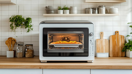 A modern countertop convection oven with a clean design, placed on a kitchen counter with plenty of surrounding space for text and branding.の素材