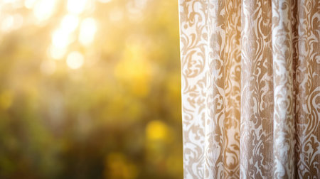 A luxurious, patterned shower curtain hanging with soft, diffused light in the background and ample surrounding space for branding or design elements.の素材