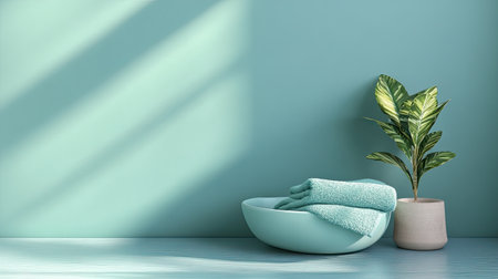A pastel-colored towel with soft folds placed in a serene bathroom setting, leaving ample surrounding space for promotional or design elements.の素材