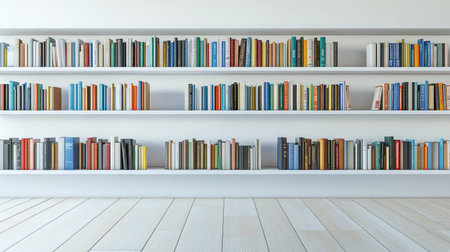 A sleek bookshelf with an organized collection of books, and open space for creative content or product placements around it.の素材