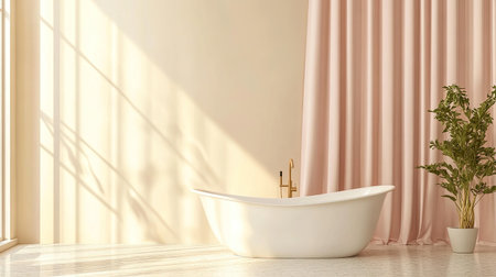 A soft, pastel-colored shower curtain in a minimalist bathroom, with ample surrounding space for creative additions or brand placement.の素材