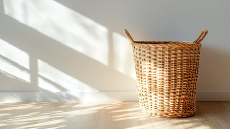 A simple, rectangular laundry basket placed on a light hardwood floor, with soft light casting shadows and ample space for design or text.の素材