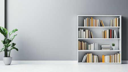 A sleek bookshelf with an organized collection of books, and open space for creative content or product placements around it.の素材