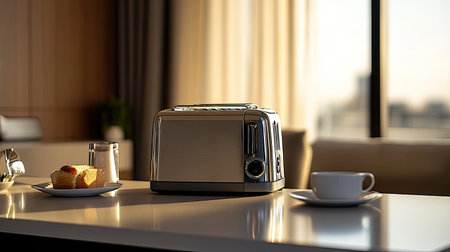 A stainless steel toaster with two slots, placed on a clean kitchen countertop, leaving surrounding space for design and promotional content.の素材