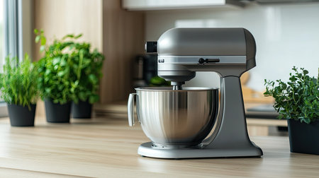 A powerful stand mixer with a minimalist design, placed on a kitchen countertop with ample surrounding space for creative use or branding.の素材