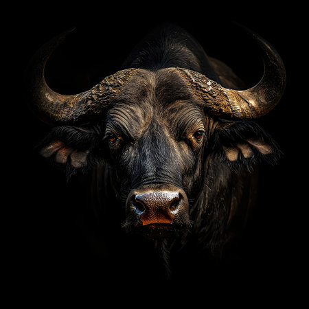 A beautifully lit buffalo with dramatic contrast, highlighting its features.の素材